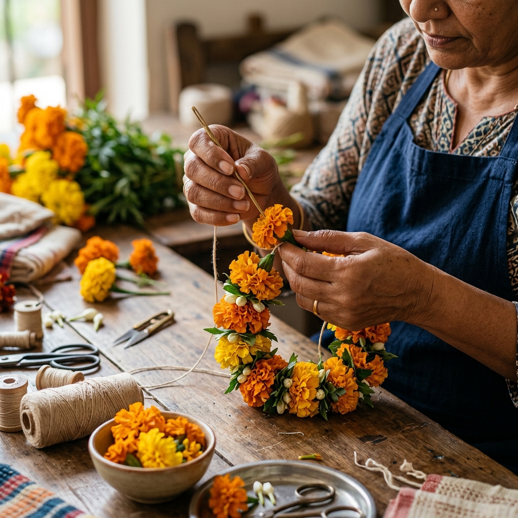 Florist hands weaving traditional marigold garland close-up