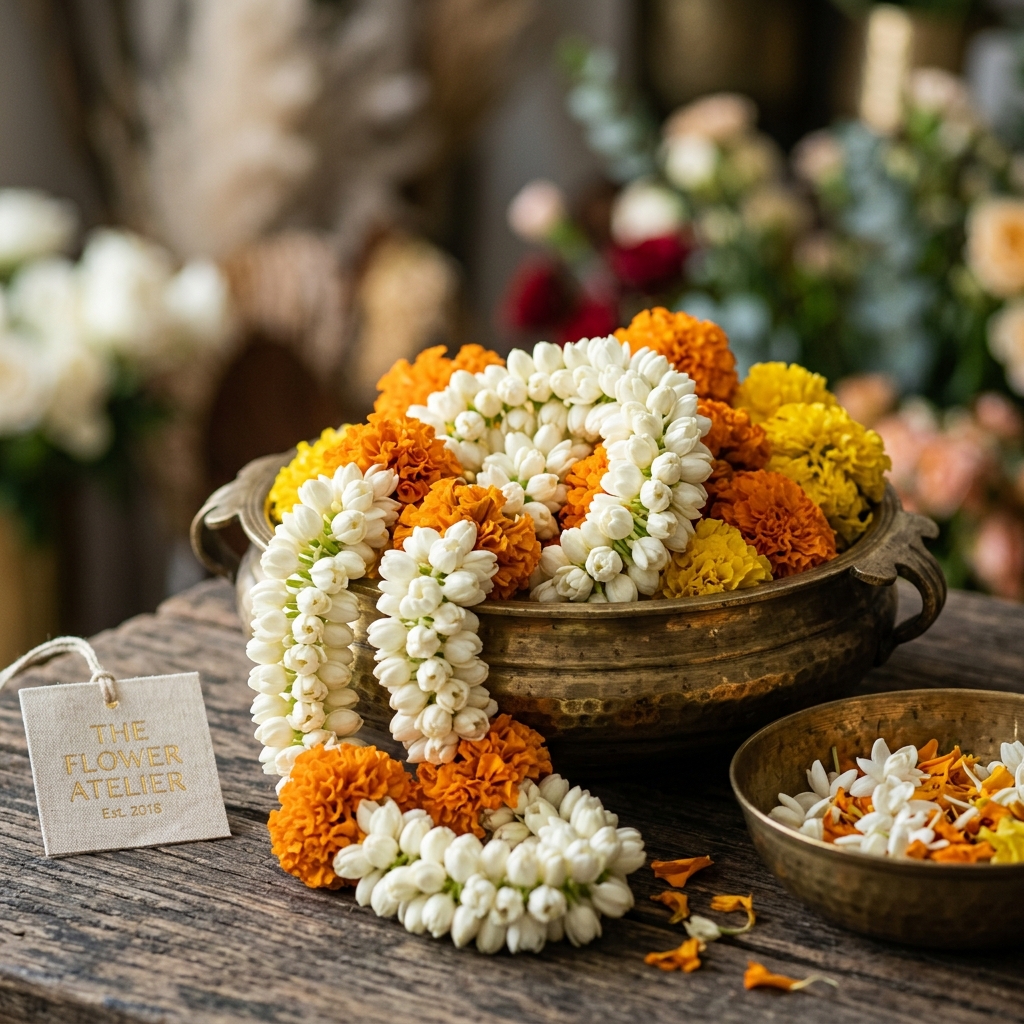 Indian Flowers and Strings - Jasmine, Mullai, Marigolds